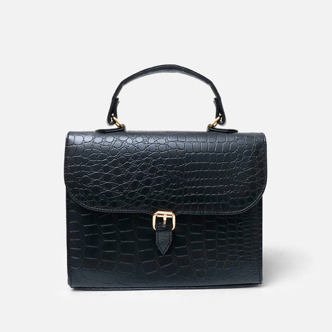Croc-Embossed Black Leather Bag