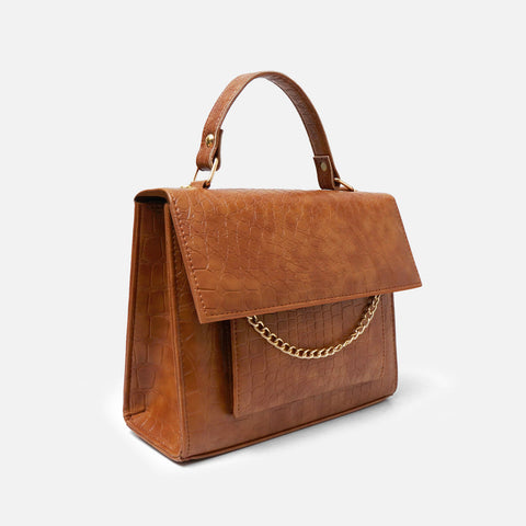 Croc-Embossed Brown Leather Bag