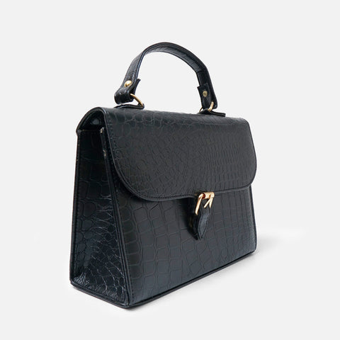 Croc-Embossed Black Leather Bag