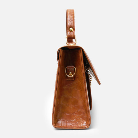 Croc-Embossed Brown Leather Bag