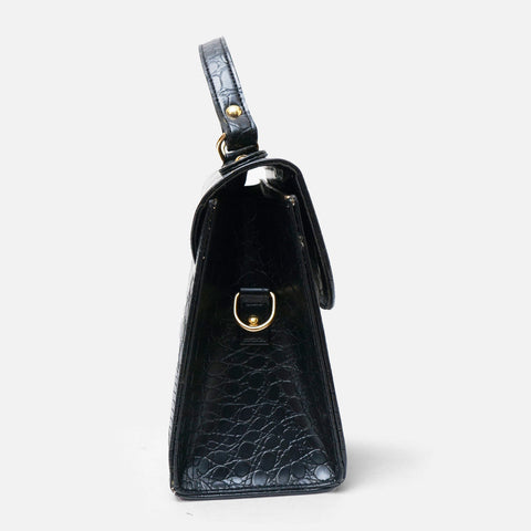 Croc-Embossed Black Leather Bag