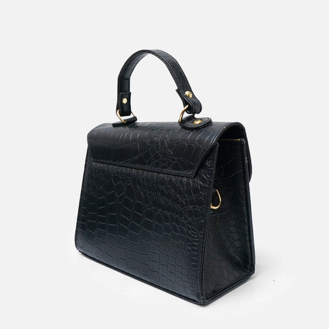 Croc-Embossed Black Leather Bag