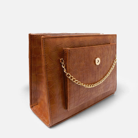 Croc-Embossed Brown Leather Bag