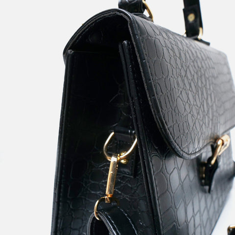 Croc-Embossed Black Leather Bag