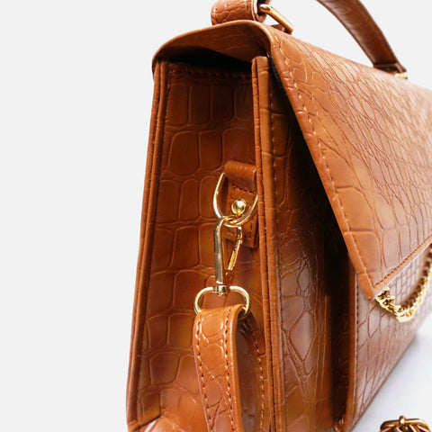 Croc-Embossed Brown Leather Bag