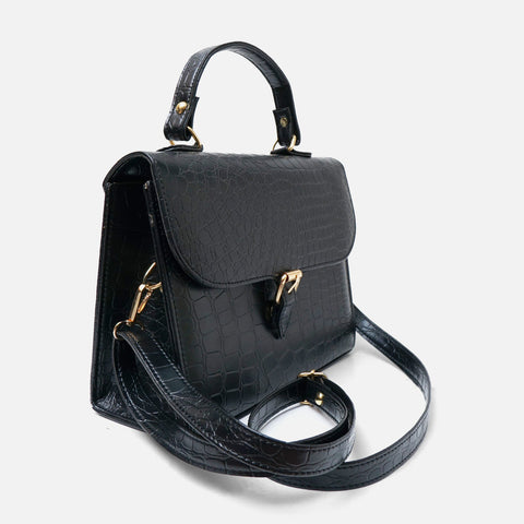 Croc-Embossed Black Leather Bag