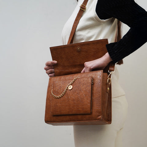 Croc-Embossed Brown Leather Bag