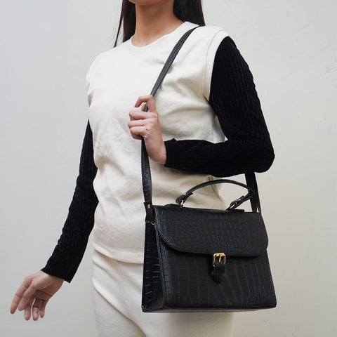 Croc-Embossed Black Leather Bag