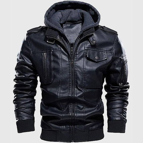 Chris Men’s Black Hooded Bomber Leather Jacket