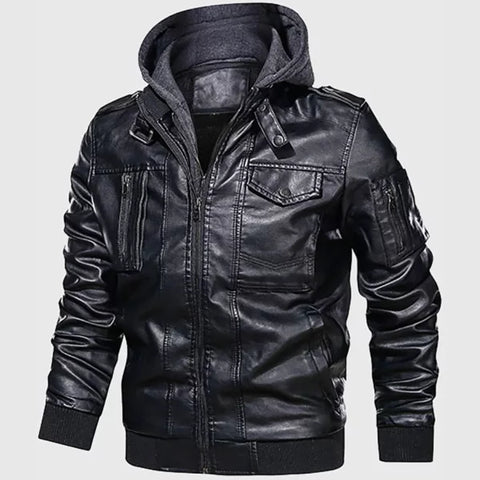 Chris Men’s Black Hooded Bomber Leather Jacket