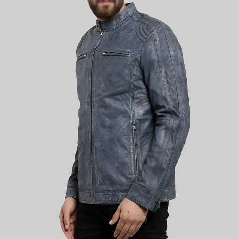 Erikson Men’s Blue Distressed Leather Biker Jacket
