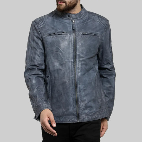 Erikson Men’s Blue Distressed Leather Biker Jacket