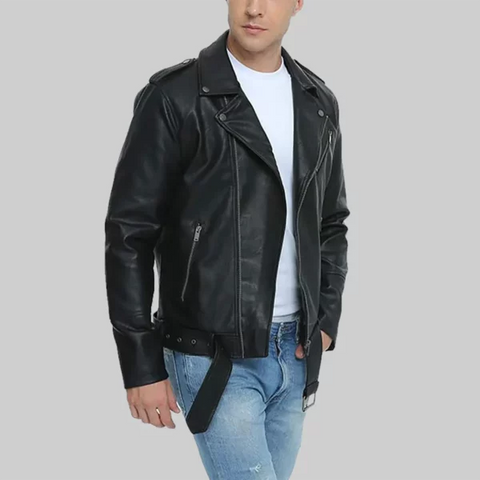 Leen Men’s Distressed Black Biker Leather Jacket