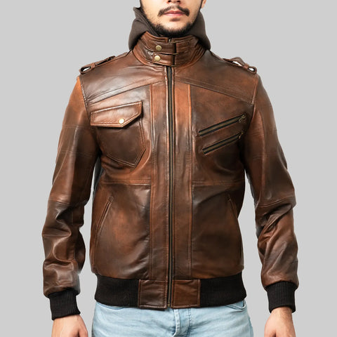 Roosevelt Men’s Brown Hooded Leather Biker Jacket