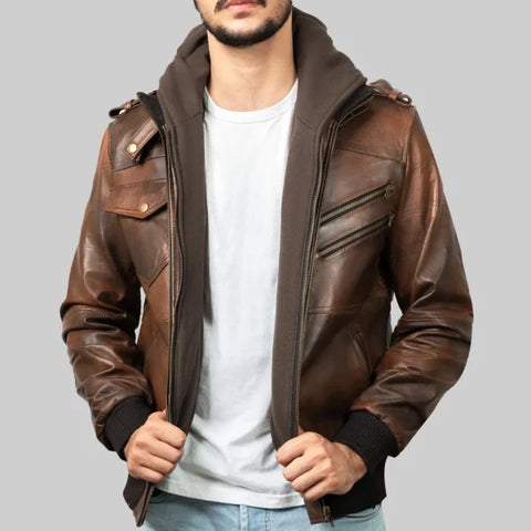 Roosevelt Men’s Brown Hooded Leather Biker Jacket