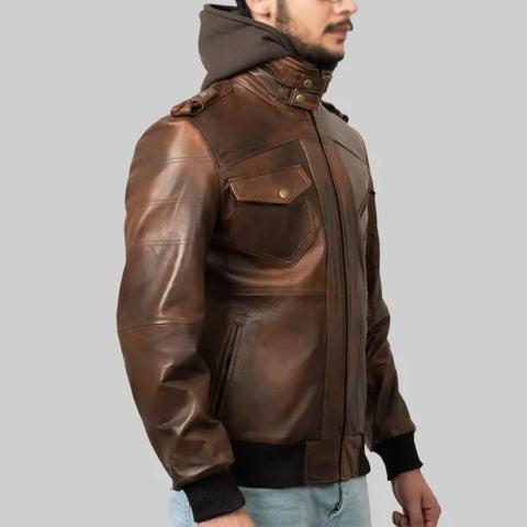 Roosevelt Men’s Brown Hooded Leather Biker Jacket