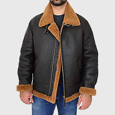 Victor Men’s Black Hooded B-3 Bomber Leather Jacket