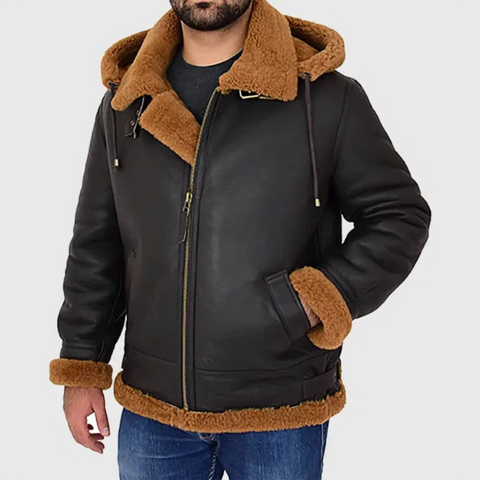 Victor Men’s Black Hooded B-3 Bomber Leather Jacket