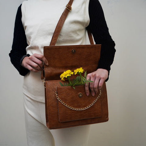 Croc-Embossed Brown Leather Bag