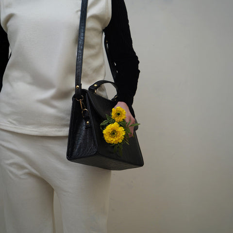 Croc-Embossed Black Leather Bag